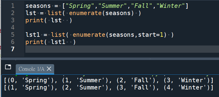 Python: enumerate 遍歷 ; lst1 = list( enumerate (seasons, start=1) ) ; for idx, sea in  enumerate (seasons, start=1): print(idx,sea) - 儲蓄保險王