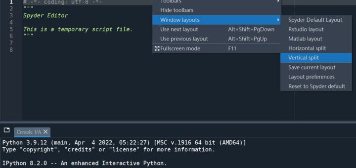 Python: Spyder介面如何改為垂直分割?View -> Windows layouts -> Vertical split,若沒出現Vertical split怎麼辦? Tools -> Reset Spyder to factory defaults - 儲蓄保險王