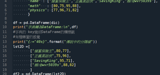 Python: pandas.DataFrame()處理雙維度資料,dict跟2D list轉為DataFrame有何差別?如何用index及columns屬性客製化index跟欄位名稱?df.index = ["一","二","三","四"] ; df.columns = 使用.head(n) ; .tail(m) ;取首n列,尾m列; .at[index,欄位名稱] 取單一資料 ; .iat[index,欄位順序] 取單一資料 ; .loc[index,欄位名稱] 取資料 ; .iloc[index,欄位順序];df.iloc[ [0,1],[0,2]])取資料 ; df.iloc[ 0:3,0:2]切片 - 儲蓄保險王