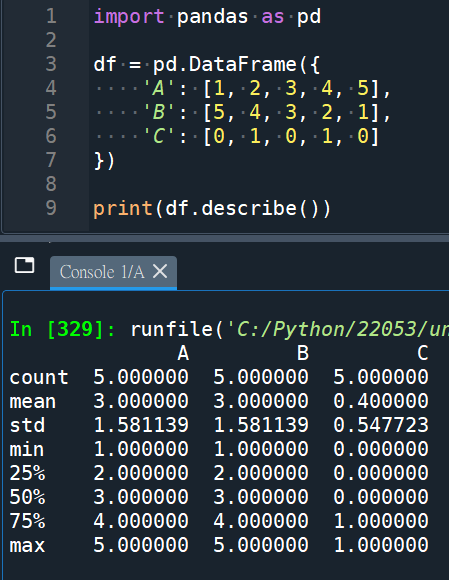 Python如何用pandas.DataFrame.describe() 一次求得計數(count), 均值(mean), 標準差(std), max, min, 中位數, 1/4位數, 3/4位數 - 儲蓄保險王