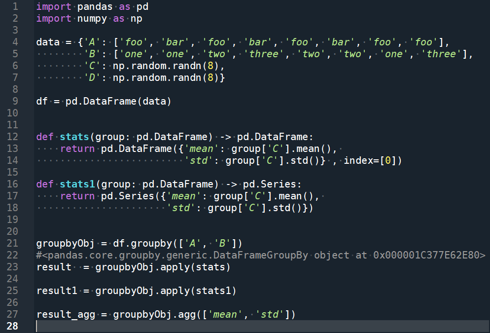 Python如何做excel的樞紐分析? groupbyObj = df.groupby(['A', 'B']) ; groupbyObj.apply() 跟 groupbyObj.agg() 差異為何? result = groupbyObj .apply( function(df) -> Series ) ; result_agg = groupbyObj .agg( ['mean', 'std'] ) ; aggfunc(Series) -> float - 儲蓄保險王