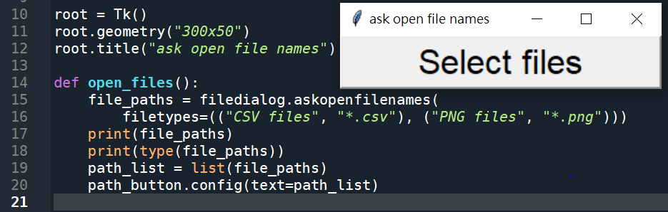 Python: 如何用tkinter做出 對話 Button GUI? 點Button即可選擇一個或多個檔案 file_paths = filedialog .askopenfilenames (filetypes = ( ("CSV files", "*.csv"), ("PNG files", "*.png"), ("All files","*.*") ) ) ; 關閉視窗後Spyder 的 console 自動回到正常狀態，不需要手動按 Ctrl + C ; root.destroy() - 儲蓄保險王