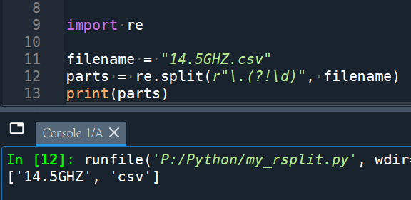 Python: 檔名:14.5GHZ.csv 如何依據.csv的.做split(),但.5GHZ的.不split()? parts = filename.rsplit(".", 1) ; 使用正則表示法parts = re.split(r".(?!d)", filename) - 儲蓄保險王