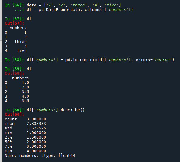 Python: 如何使用pandas.to_numeric ( df['numbers'], errors='coerce') 將非數值型資料轉為NaN? df['numbers'].describe() 簡述統計資料 - 儲蓄保險王