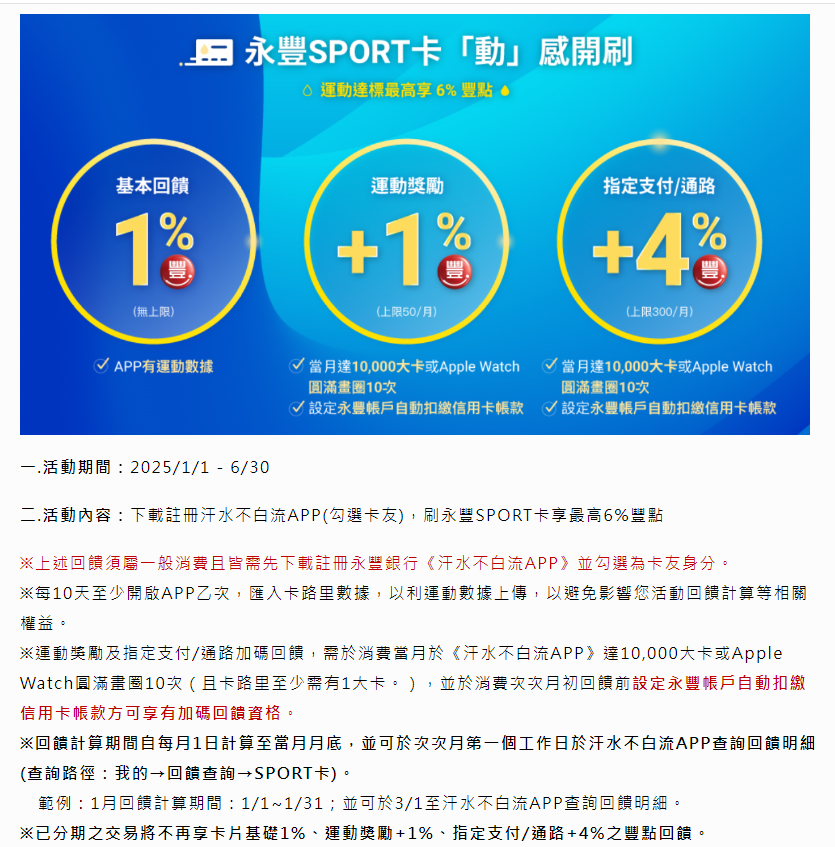 2025年永豐sport卡指定支付/通路最高回饋6%,汗水不白流(豐城)APP(請輸入邀請碼: BEOSXT) - 儲蓄保險王