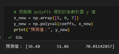 Python: 三步驟掌握 NumPy 多項式：polyfit 擬合、polyval 計算、poly1d 操作; coeffs = np.polyfit(x, y, 2) ; y_new = np.polyval(coeffs, x_new) ; p = np.poly1d(coeffs) ; print(p(x_new)) #效果同 np.polyval(coeffs, x_new) - 儲蓄保險王