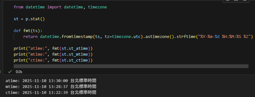 Python 入門教學:用 Path.stat() 與 os.stat() 讀懂檔案資訊; from pathlib import Path ; type(p).__name__ #'WindowsPath'; p.stat().st_size == os.stat(p).st_size == os.path.getsize(p) - 儲蓄保險王
