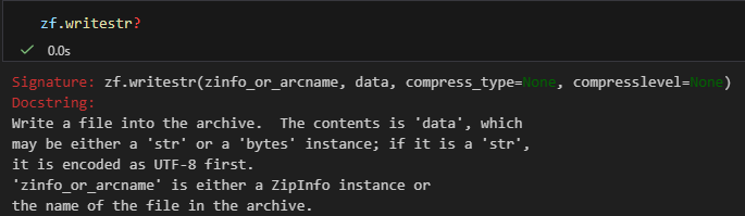 Python Zipfile 實戰：Write vs Writestr —— 硬碟搬運工與記憶體魔術師; zf.writestr(zinfo_or_arcname, data) #zinfo_or_arcname: ZipInfo | str ; data: bytes | str - 儲蓄保險王