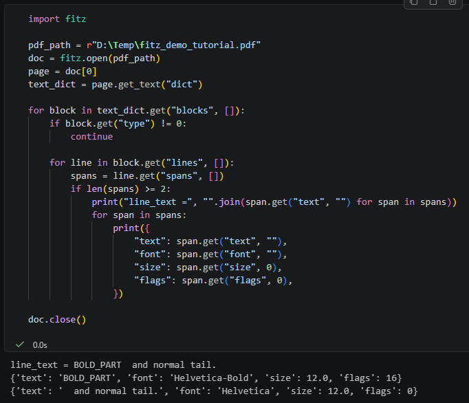 Python PyMuPDF fitz 教學：從pdf中抓文字、抓 fonts、抓表格; pip install PyMuPDF ; import fitz ; text_dict = page.get_text("dict") #type(page) is pymupdf.Page ; blocks:list[dict] = text_dict['blocks'] ; page.find_tables().tables [0].extract() ;如何判斷粗體字? - 儲蓄保險王